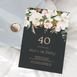 Invitation Élégant Magnolia | Black and White 40th Birthday<br><div class="desc">Cette élégante invitation magnolia noir et blanc 40ème anniversaire est parfaite pour un événement moderne classe. La décoration florale douce est composée de pivoines roses vertes et aquarelles, de magnifiques fleurs de magnolia blanches et de coton avec de l'or et des feuilles verts dans un agencement luxueux. Personnalisez le dos...</div>