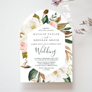 Invitation Élégant Magnolia Blanc Blush Mariage Arc Floral