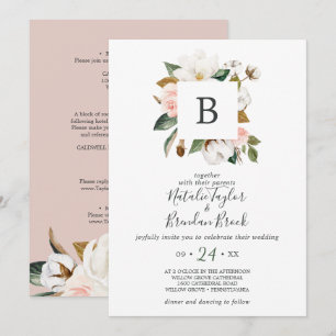 Invitation Élégant Magnolia Blanc & Blush Tout en un Mariage