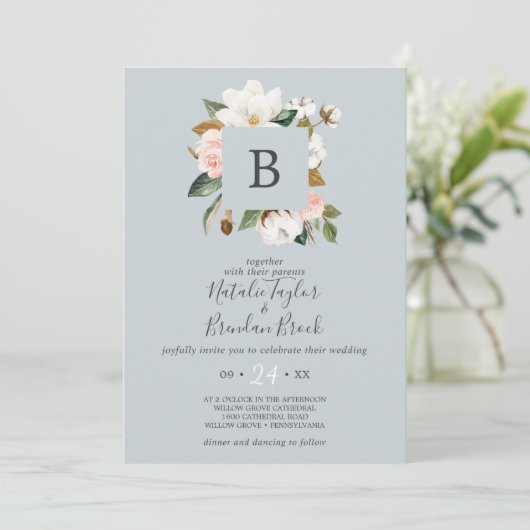 Invitation Elégant Magnolia Bleu Gris Tout en un Mariage (Debout devant)