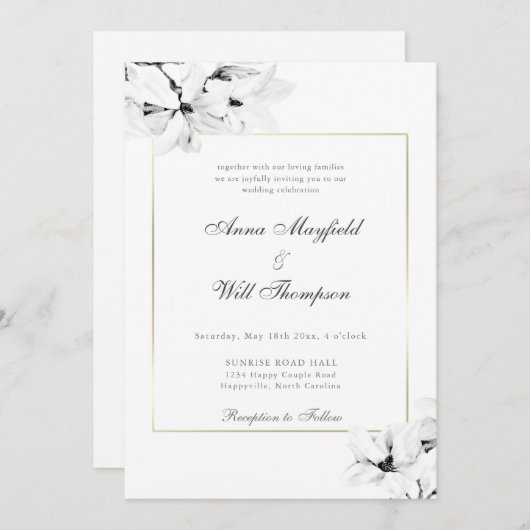 Invitation Élégant Magnolia Classique Mariage de cadre Or Mod (Devant / Derrière)