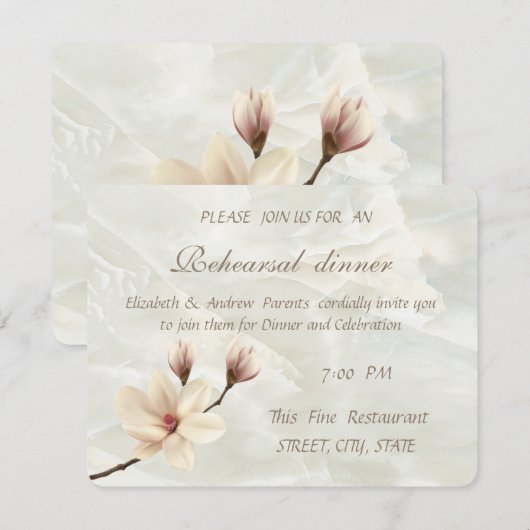Invitation Elégant Magnolia, Dîner De Répétition Marbre blanc (Devant / Derrière)