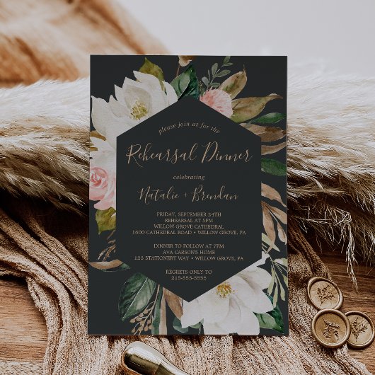 Invitation Elégant Magnolia Dîner de répétition noir et blanc