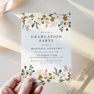 Invitation Elégant Magnolia et Blush Floral Graduation Party