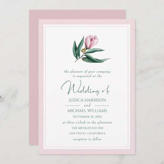 Invitation Élégant Magnolia Fleur simple Dusty Mariage rose (Devant / Derrière)