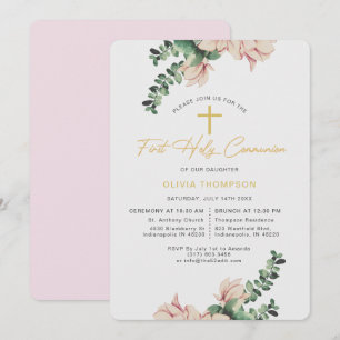 Invitation Élégant Magnolia Floral Blush première communion