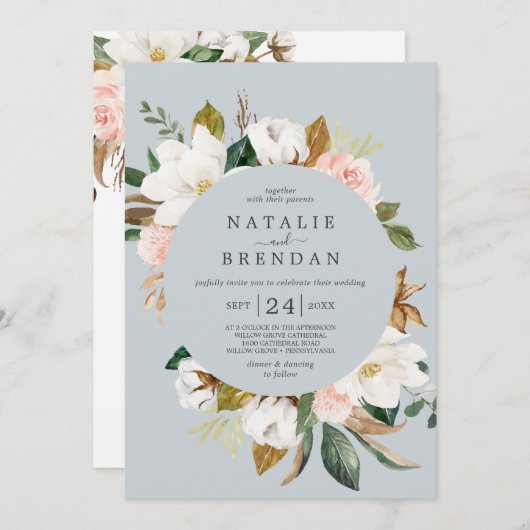 Invitation Élégant Magnolia | Mariage avant et arrière gris b (Devant / Derrière)