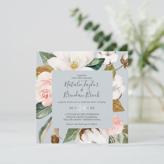 Invitation Élégant Magnolia | Mariage Carré gris bleu (Debout devant)