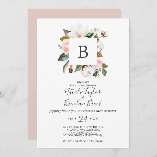 Invitation Élégant Magnolia | Mariage de monogramme blanc et (Devant / Derrière)
