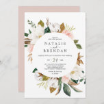 Invitation Élégant Magnolia | Mariage Décontracté blanc et bl<br><div class="desc">Cette élégante faire-part de mariage décontractée blanche et blush magnolia est parfaite pour un mariage moderne et classe. La décoration florale douce est composée de pivoines roses vertes et aquarelles,  de magnifiques fleurs de magnolia blanches et de coton avec de l'or et des feuilles verts dans un agencement luxueux.</div>