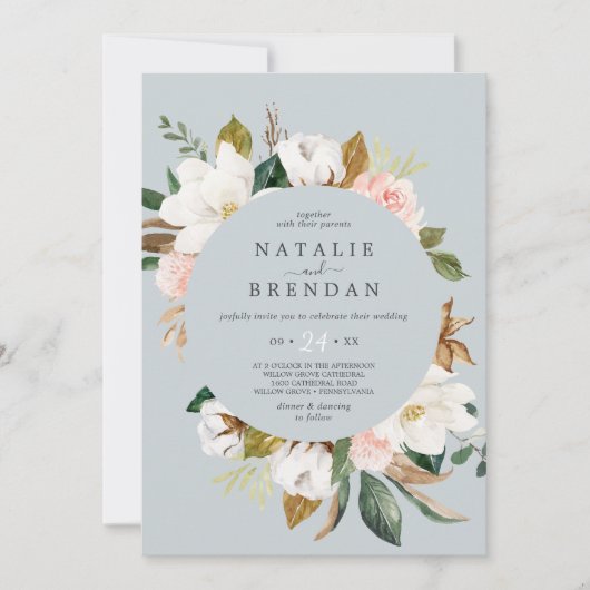 Invitation Élégant Magnolia | Mariage Décontracté gris bleu (Devant)