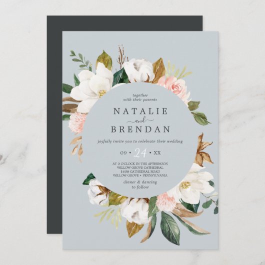 Invitation Élégant Magnolia | Mariage Décontracté gris bleu (Devant / Derrière)