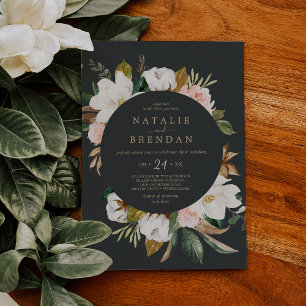Invitation Élégant Magnolia   Mariage Décontracté noir et bla