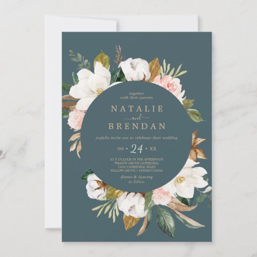 Invitation Élégant Magnolia | Mariage Décontracté Turquoise e (Devant)