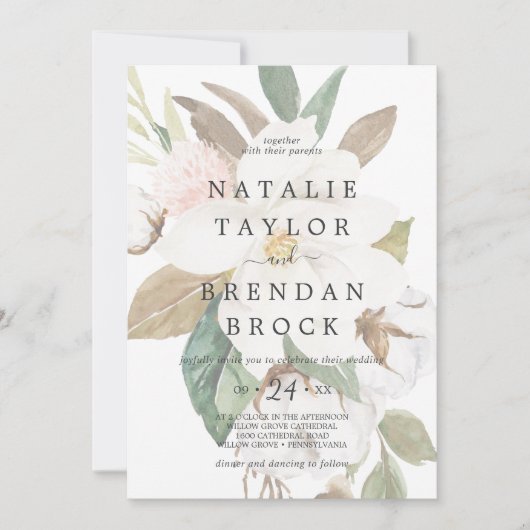 Invitation Élégant Magnolia | Mariage floral pâle blanc (Devant)