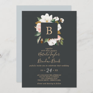 Invitation Élégant Magnolia   Mariage Monogramme noir et blan