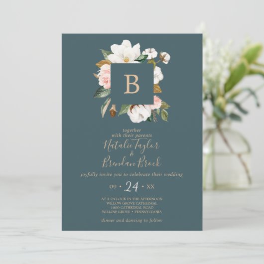 Invitation Élégant Magnolia | Mariage Monogramme Turquoise et (Debout devant)