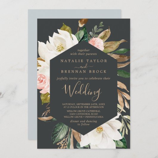 Invitation Élégant Magnolia | Mariage noir et blanc (Devant / Derrière)