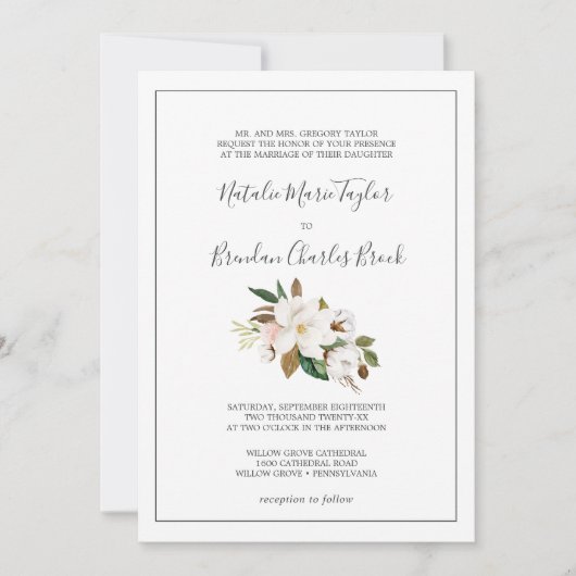 Invitation Élégant Magnolia | Mariage officiel blanc et blanc (Devant)