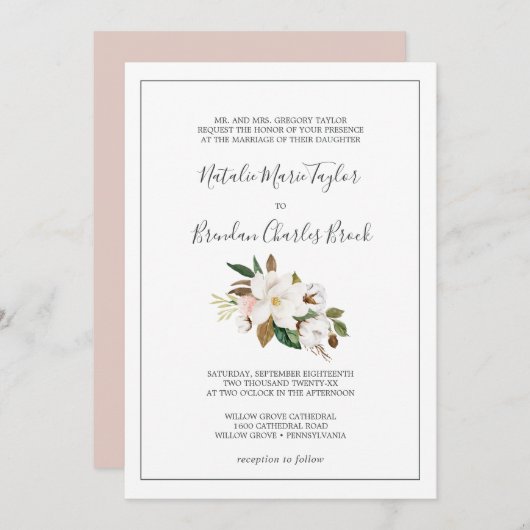 Invitation Élégant Magnolia | Mariage officiel blanc et blanc (Devant / Derrière)