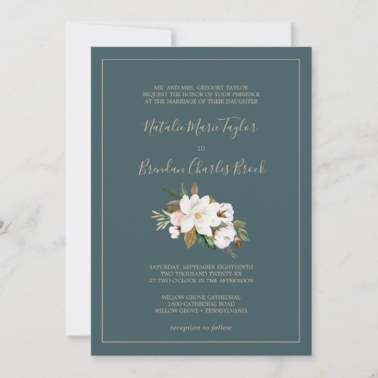 Invitation Élégant Magnolia | Mariage officiel Turquoise et b (Devant)