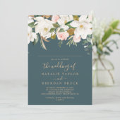 Invitation Élégant Magnolia | Mariage Turquoise de nom d'invi (Debout devant)