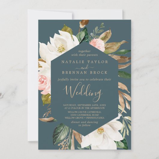 Invitation Élégant Magnolia | Mariage Turquoise et blanc (Devant)