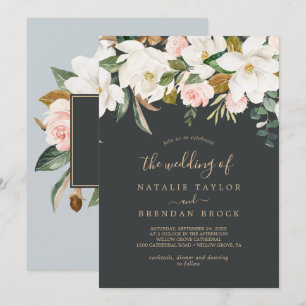 Invitation Élégant Magnolia Noir et blanc Le Mariage de