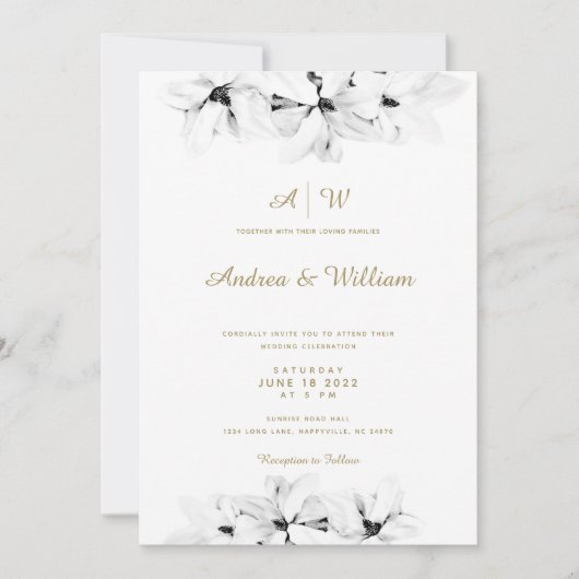 Invitation Élégant Magnolia Or Floral Chic Mariage (Devant)