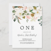 Invitation Élégant Magnolia | Premier anniversaire blanc et b (Devant)