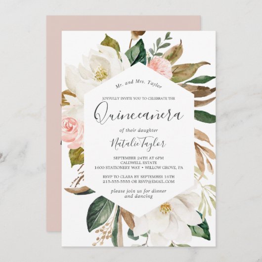 Invitation Élégant Magnolia | Quinceañera blanc et blanc (Devant / Derrière)