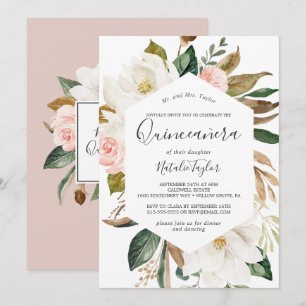 Invitation Élégant Magnolia   Quinceañera blanc et blanc