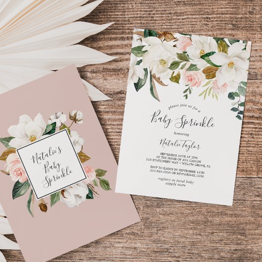 Invitation Élégant Magnolia | Saupoudrer bébé blanc et blanc