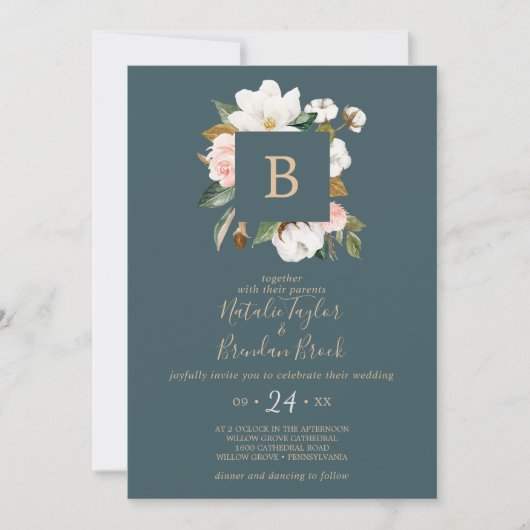 Invitation Élégant Magnolia | Turquoise & blanc tout en un Ma (Devant)