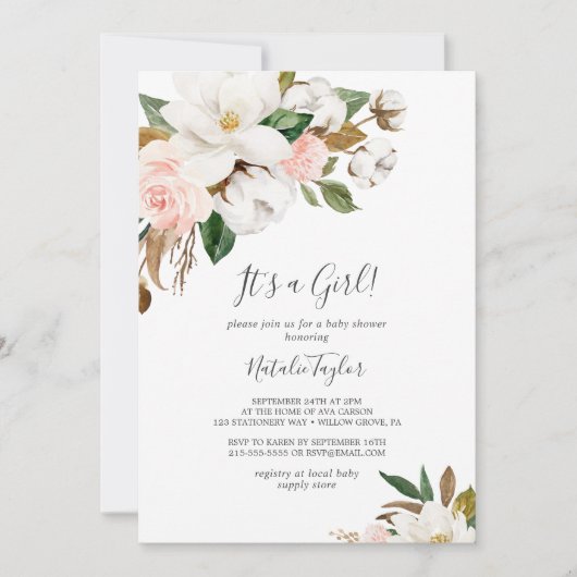 Invitation Élégant Magnolia | White and Blush C'est une fille (Devant)