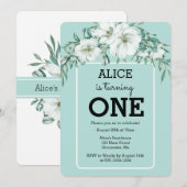 Invitation Elégant Magnolia White Pastel Vert 1er anniversair (Devant / Derrière)