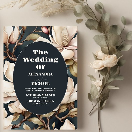 Invitation Elégant Magnolias rose et verdure