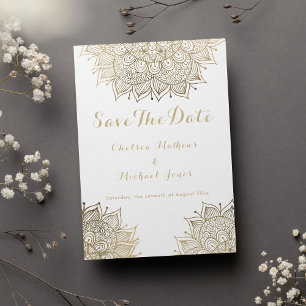 Invitation Elégant mandala floral or blanc Enregistrer la dat