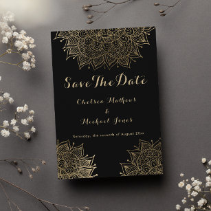 Invitation Elégant mandala floral or noir Enregistrer la date