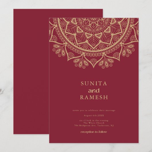 Invitation Elégant Mandala Gold Dark Red Mariage indien (Devant / Derrière)
