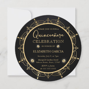 Invitation Élégant Mandala Noir et Or pour Quinceañera