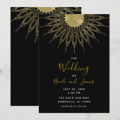 Invitation Élégant Mandala Soleil Or Abstrait Mariage Noir (Devant / Derrière)
