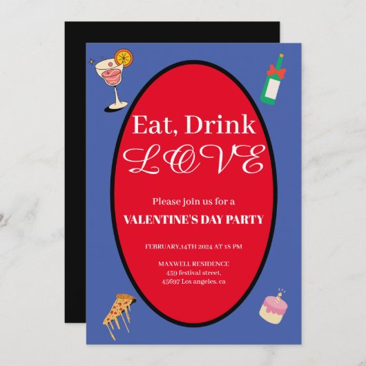 Invitation Élégant manger Boire Aimer Saint-Valentin Coeurs (Devant / Derrière)