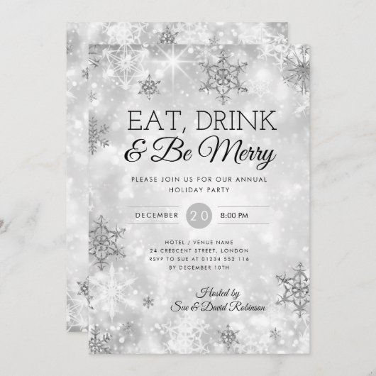 Invitation Elégant manger et boire Silver Fête de Noël (Devant / Derrière)