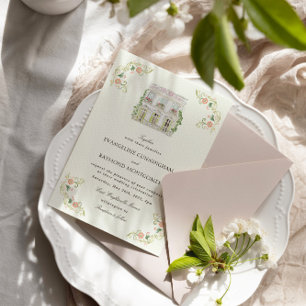 Invitation Élégant manoir aquarelle mariage rococo