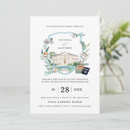 Invitation Élégant Manoir De Château | Mariage de voyage Cres (Debout devant)