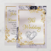 Invitation Elegant Marble, White, Gold Frame, Silver Heart (Devant / Derrière)