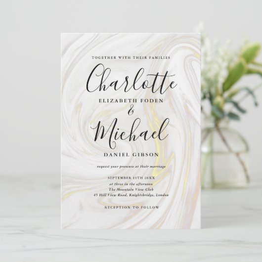 Invitation Élégant marbre Agate Signature Script Mariage (Debout devant)