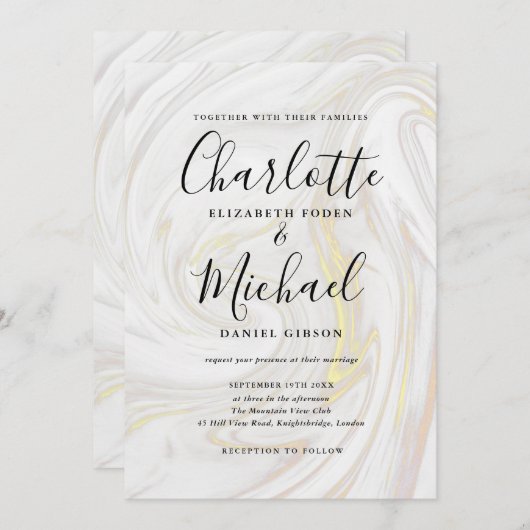 Invitation Élégant marbre Agate Signature Script Mariage (Devant / Derrière)