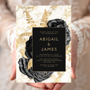 Invitation Élégant Marbre blanc Floral Black Gold Mariage